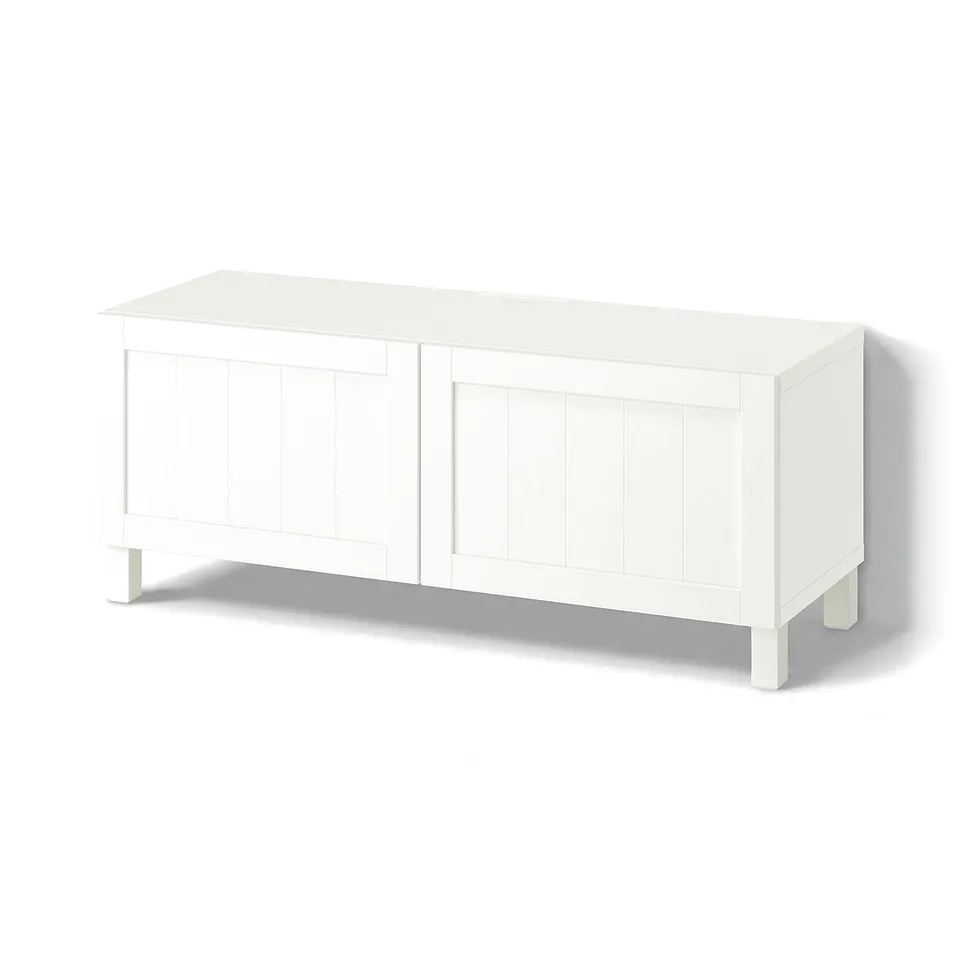 BESTÅ TV bench with doors, white/Pipmakare white, 120x42x48 cm