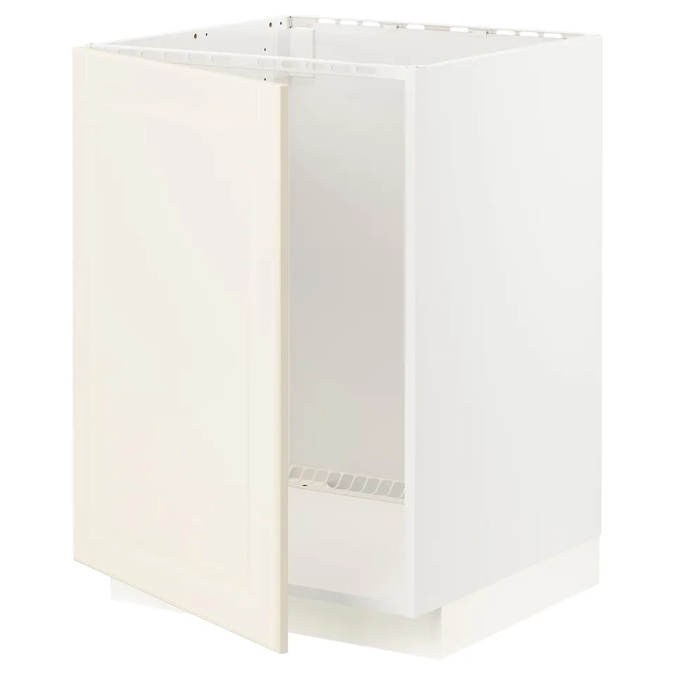 METOD off-white cabinet, modern design, square shape, white fiberboard, steel hinges.