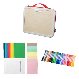 MÅLA set: portable drawing case + paper + felt-tip pen, red + mixed colours/mixed sizes + mixed colours, 35x27 cm