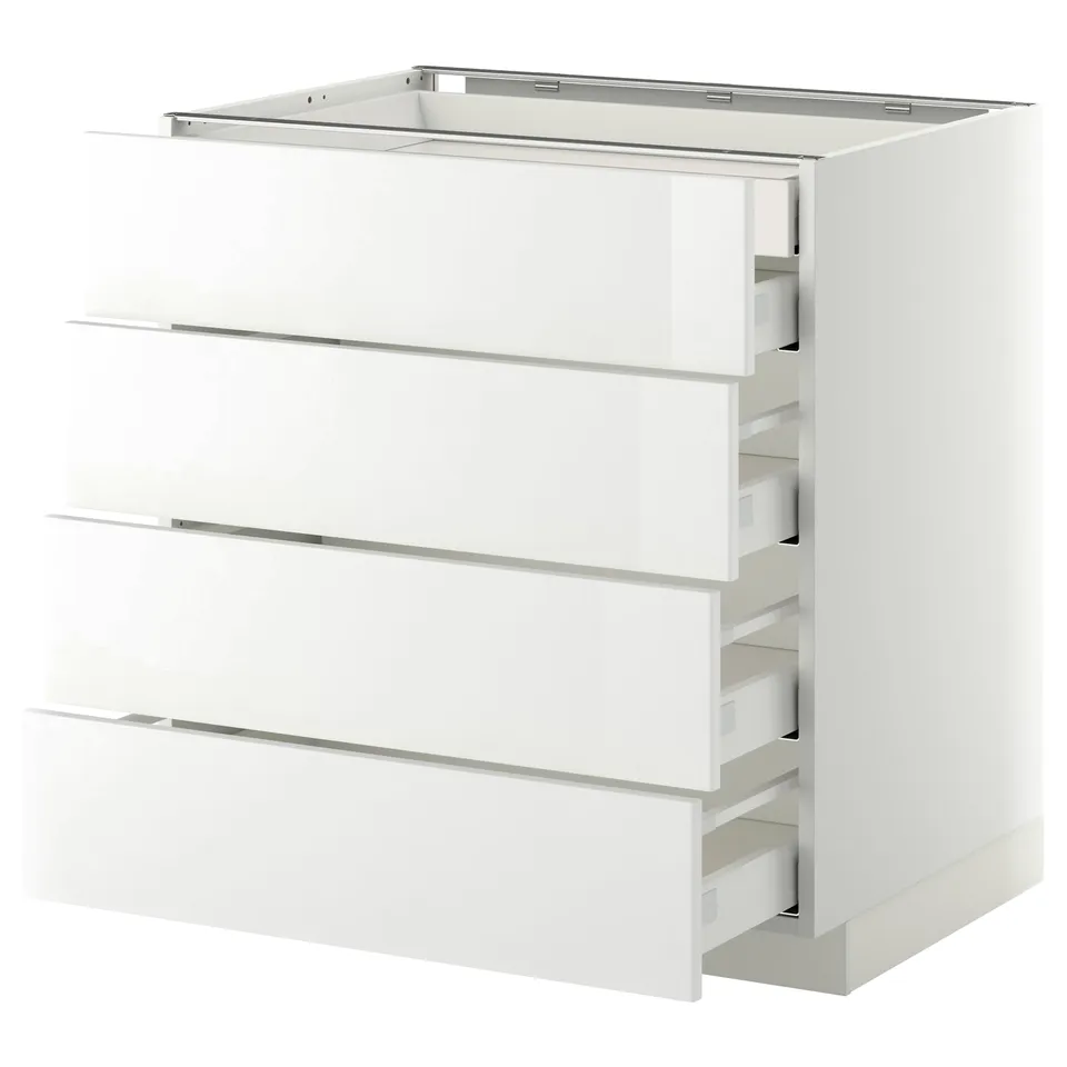 White, modern kitchen cabinet with multiple drawers, sleek high-gloss finish, durable construction.