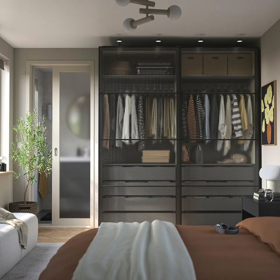 PAX / LUNDBRÄSMA Wardrobe with sliding doors, grey-beige black/checkered glass dark grey, 200x66x236 cm