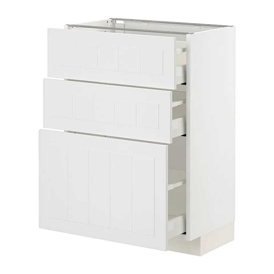 A white METOD kitchen cabinet with three drawers and an open shelf on top.