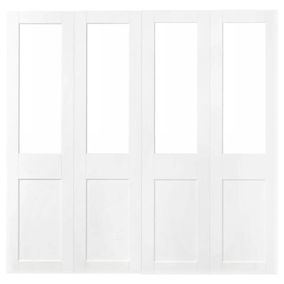 White GRIMO wardrobe sliding doors with glass top panels.