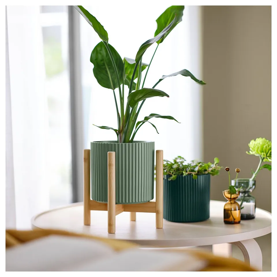 Two green DAKSJUS pots with plants on white table, one elevated.