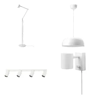 NYMÅNE set: floor/reading lamp + pendant lamp + ceiling spotlight with 4 spots + wall/reading lamp, white, Height 170 cm