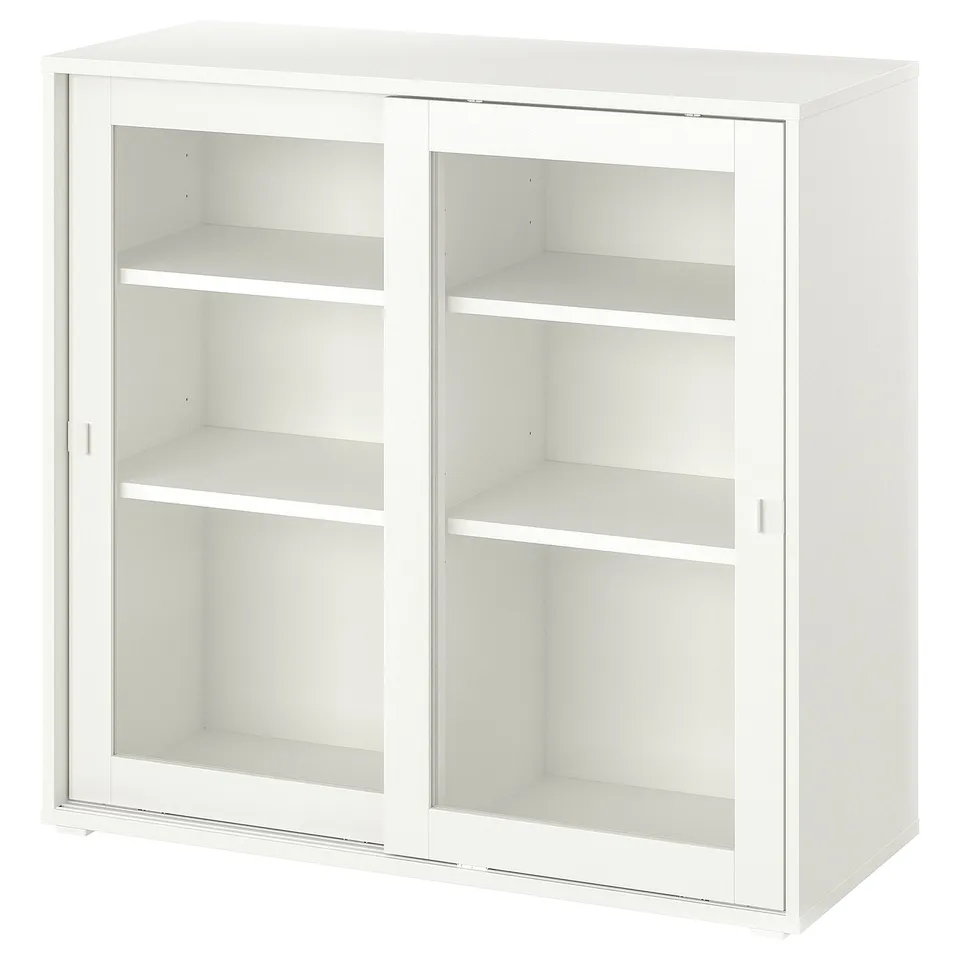 White VIHALS storage cabinet, glass doors, 3 shelves, modern design.