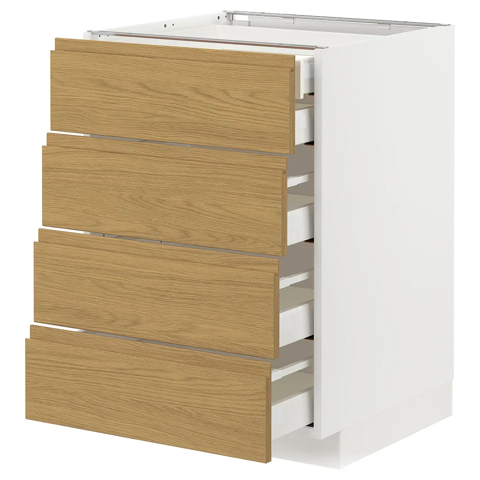 A white METOD kitchen cabinet with four wooden drawers. The drawers have an oak finish.