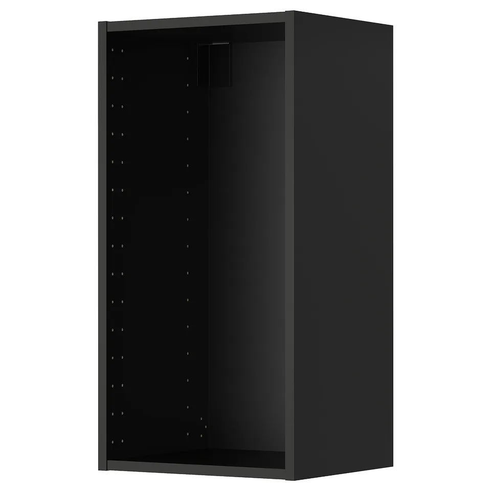Black wall cabinet from METOD kitchen system. Square shape, hollow interior with pre-drilled holes for adjustable shelves.