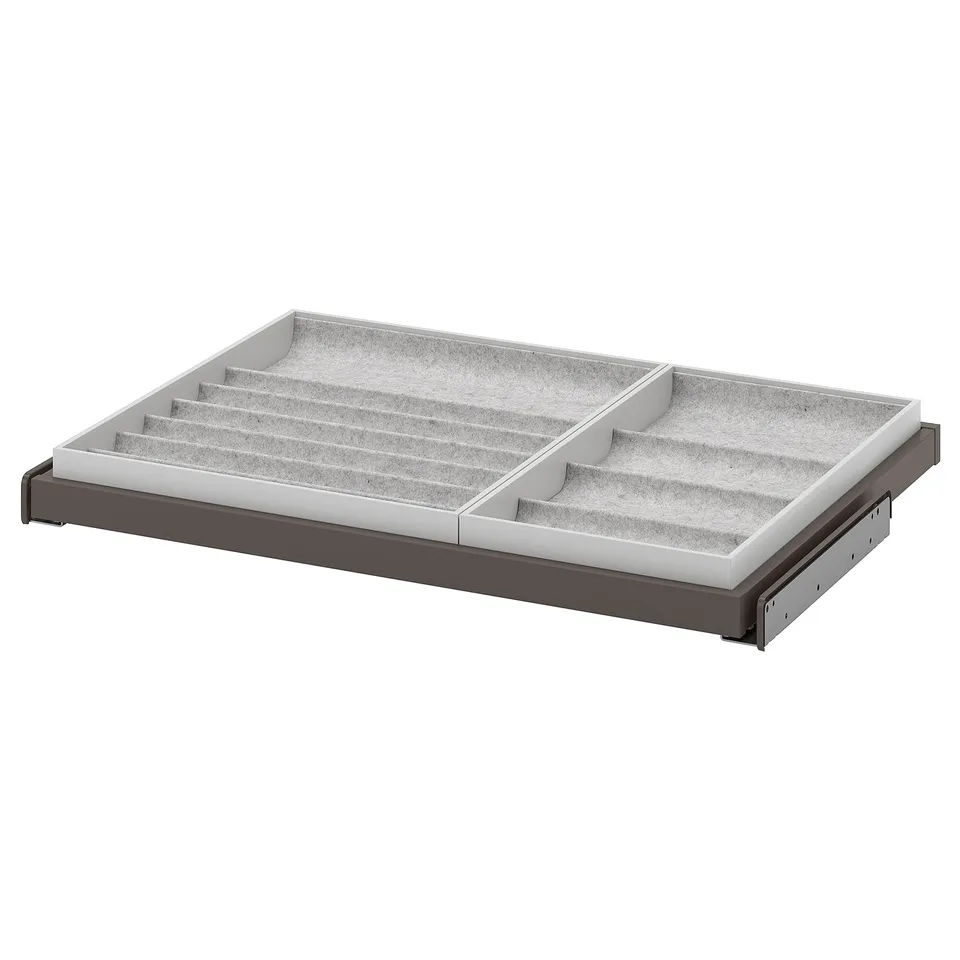 KOMPLEMENT pull-out tray, grey, felt-lined compartments for accessories, durable, organised design.