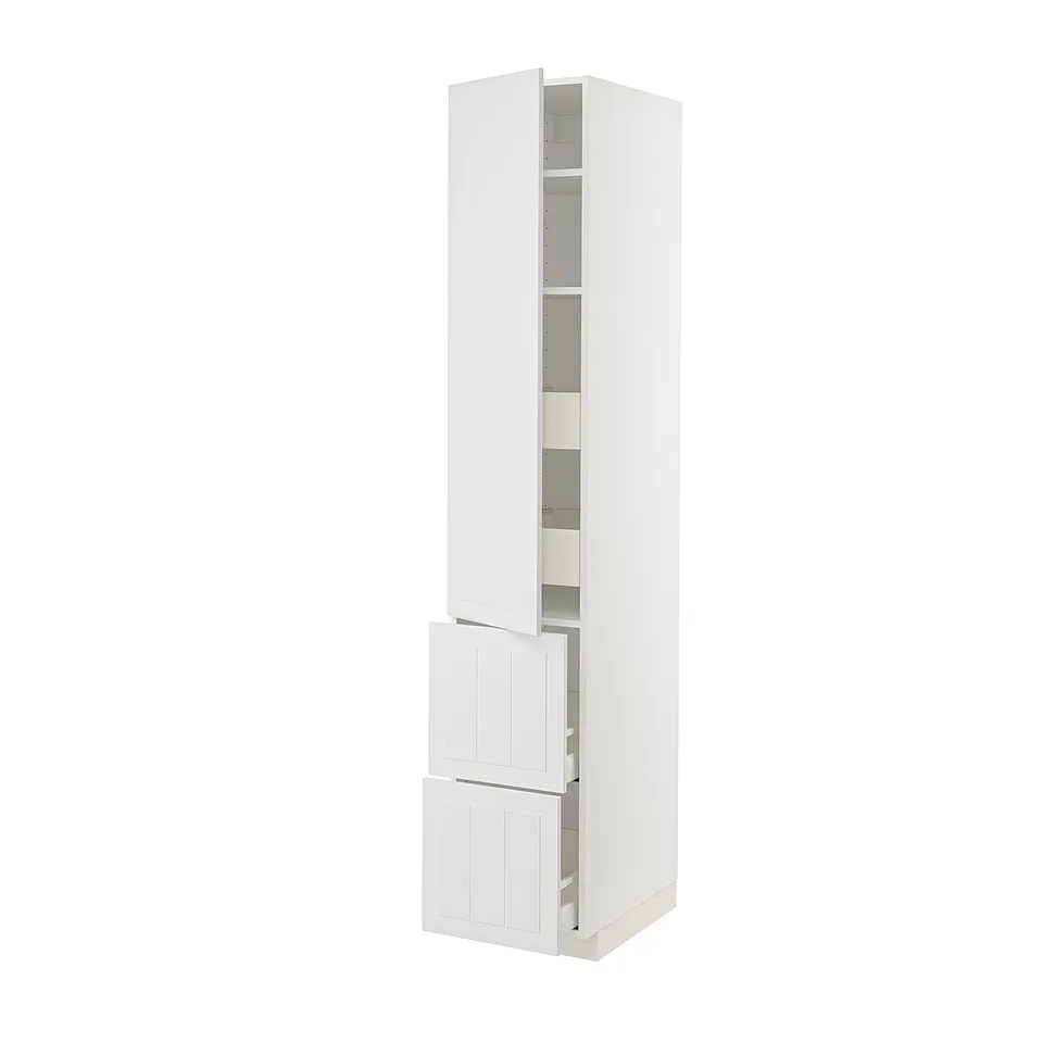 White METOD kitchen cabinet, tall with shelves and drawers, modern design, clean look.