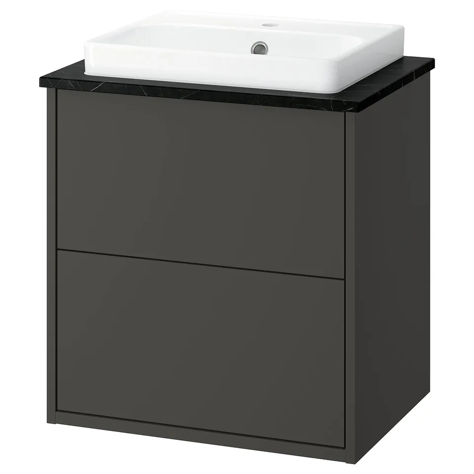 HAVBÄCK dark grey bathroom vanity with white basin, sleek modern design.