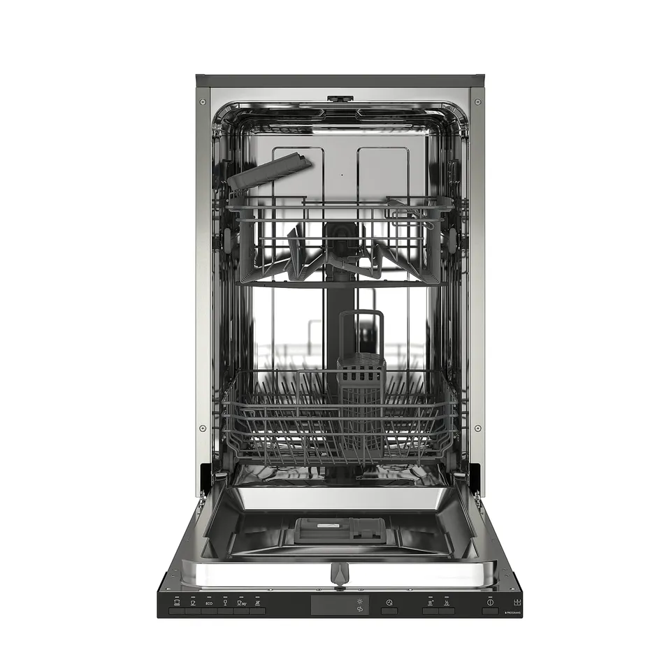 Black dishwasher with open door, two racks, and control panel at bottom.