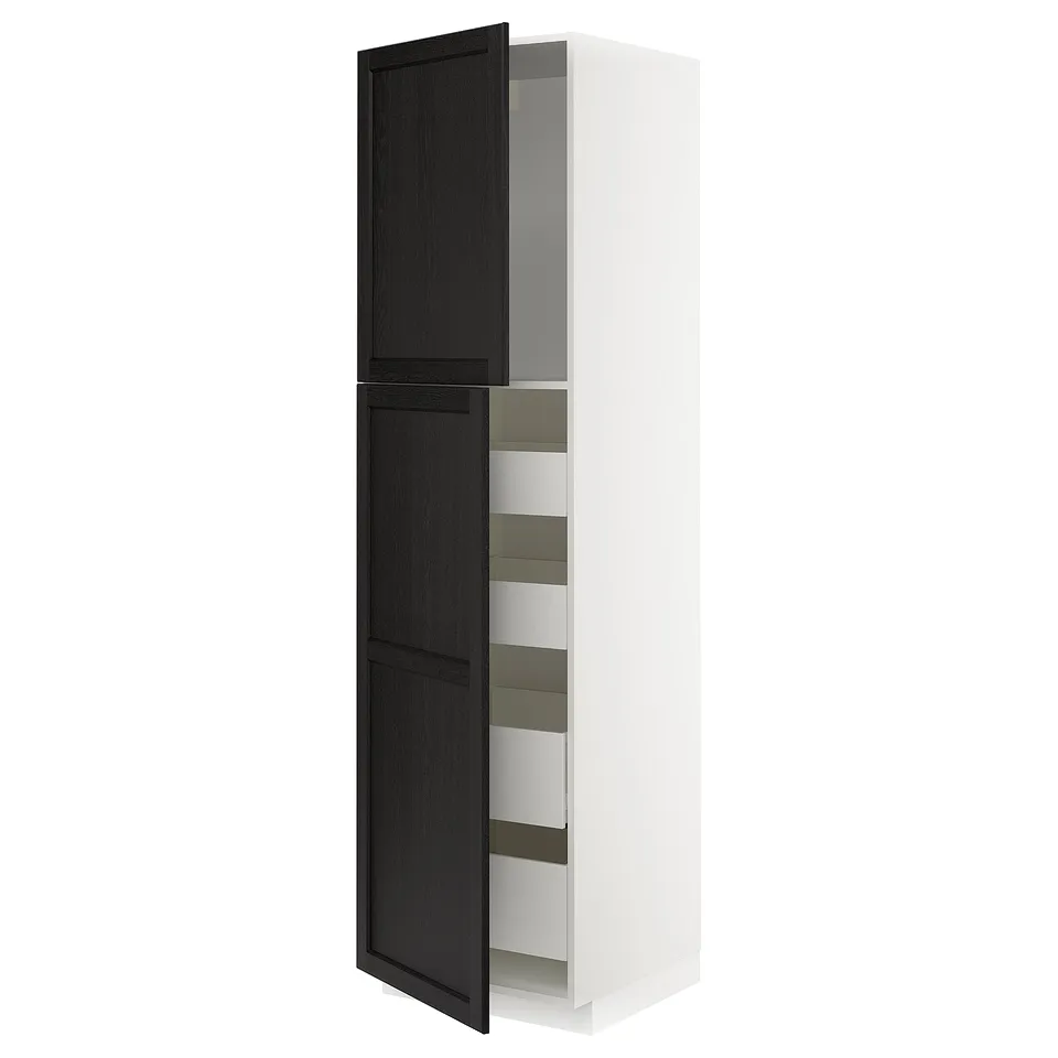 Ikea METOD white cabinet with black stained hinged door, wooden shelves.
