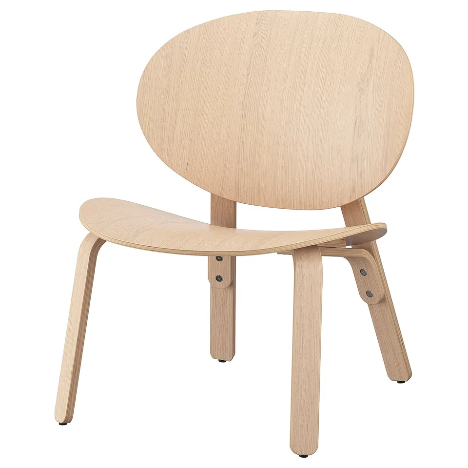 Light wood FRÖSET chair, light-colored, rounded back and seat, four angled legs, modern scandi design.
