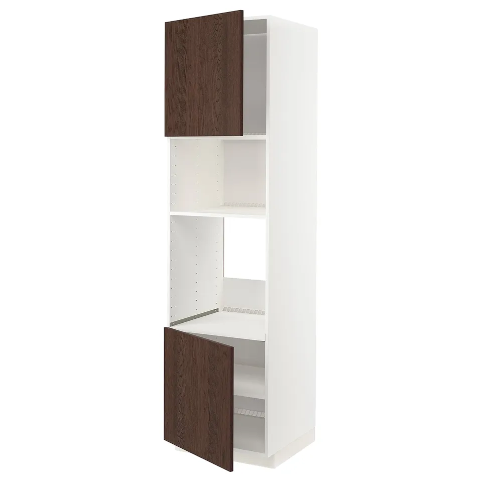 A white METOD kitchen cabinet unit with dark brown sinarp doors, oak veneer, snap-on hinges, and an adjustable shelf.