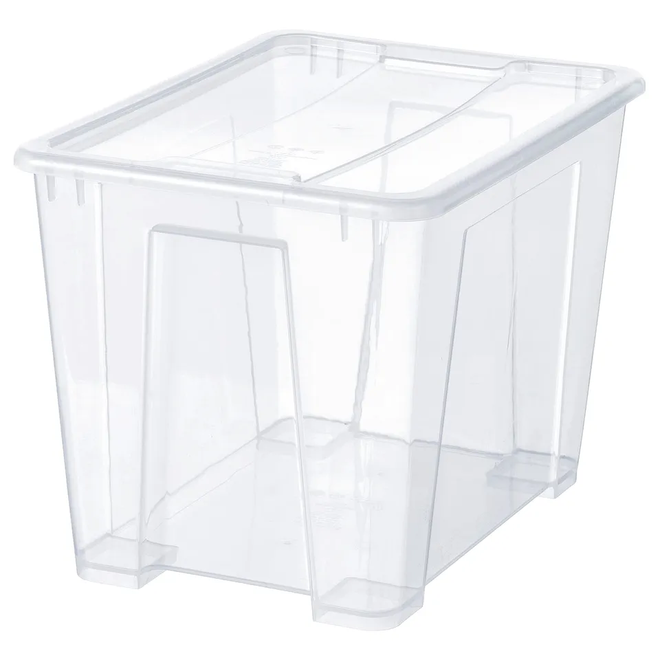 Clear plastic storage box, square shape, transparent sides, lid with click lock, used for organising items.