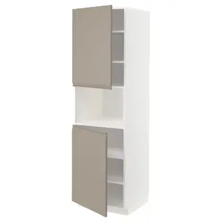METOD high cab f micro w 2 doors/shelves, white/Upplöv matt dark beige, 60x60x200 cm
