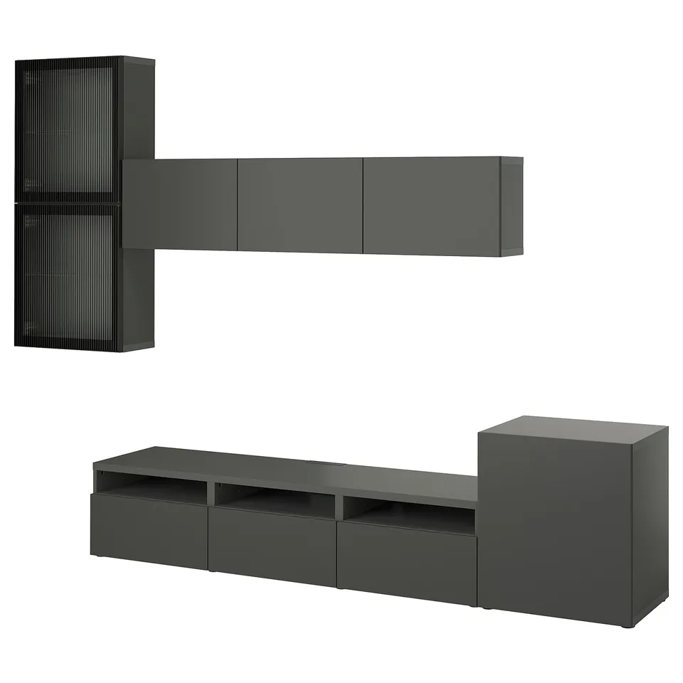 Modern dark grey modular tv stand and shelves, minimalist and functional design.