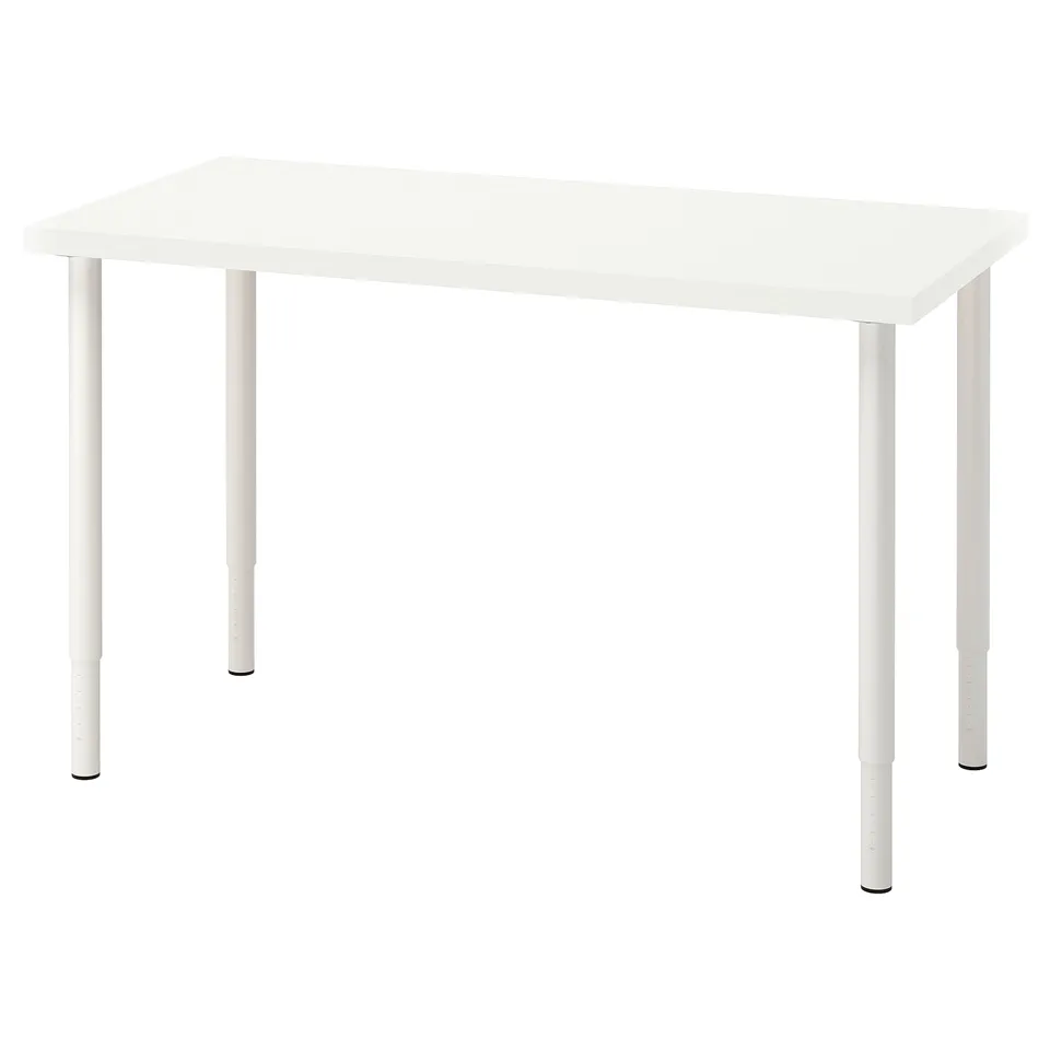 LAGKAPTEN: white, rectangular, light tabletop with adjustable white legs.