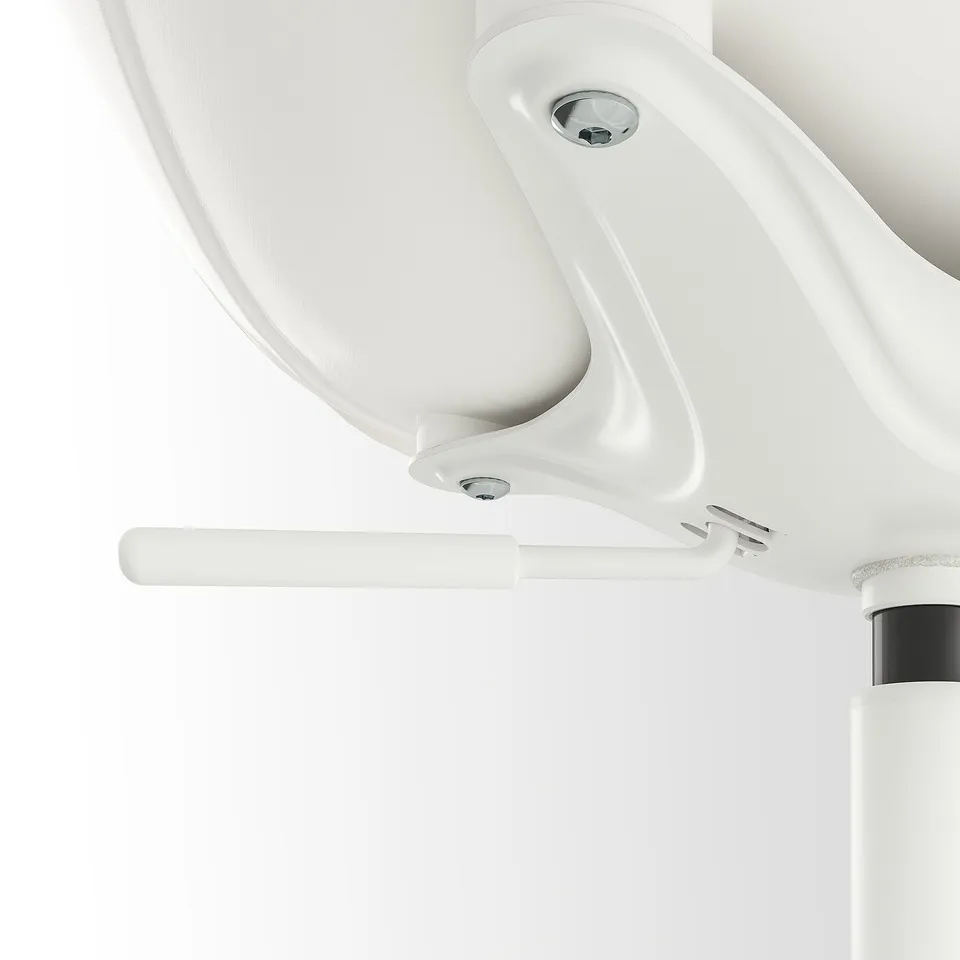 Close-up of white ELDBERGET desk chairs adjustable armrest and sturdy castor.