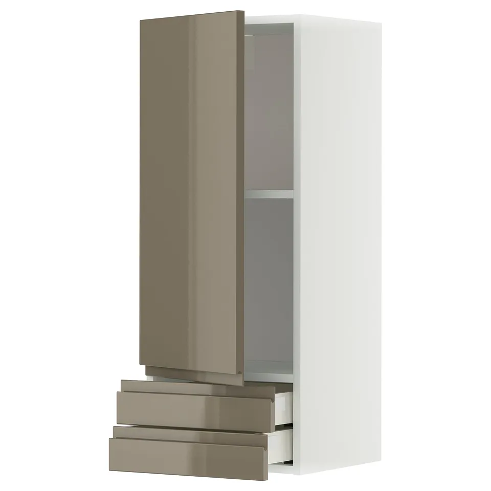 Modern high-gloss dark grey-brown kitchen cabinet with pull-out drawers.