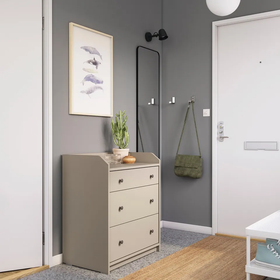Grey HAUGA chest with 3 drawers, mirror, hooks, fish print, cactus, green handbag.