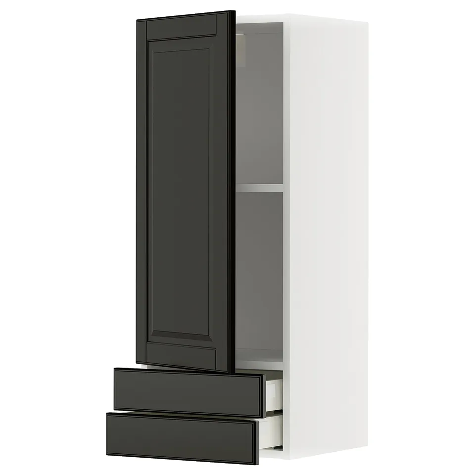 METOD kitchen unit: tall white cabinet with black drawers and door, smooth finish.