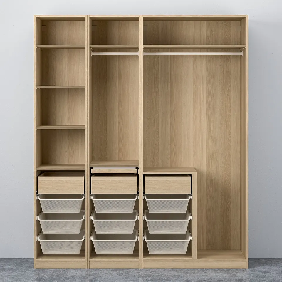 Wooden closet with shelves, drawers, and hanging rod. Designed formixing kids' toys and clothes with adjustable feet and dampened hinges.