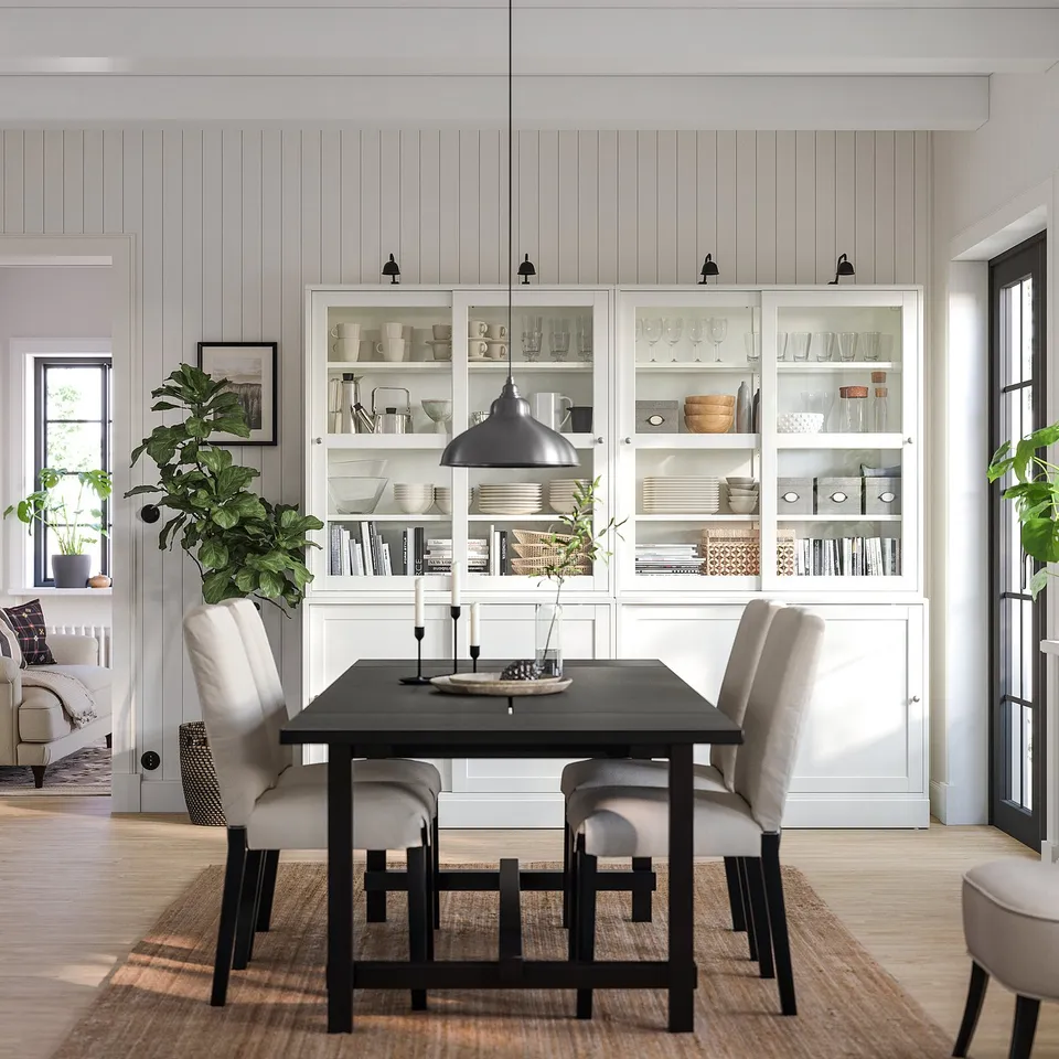 Modern dining room with black table, grey chairs, and white shelves. Large window, plant, and rug.