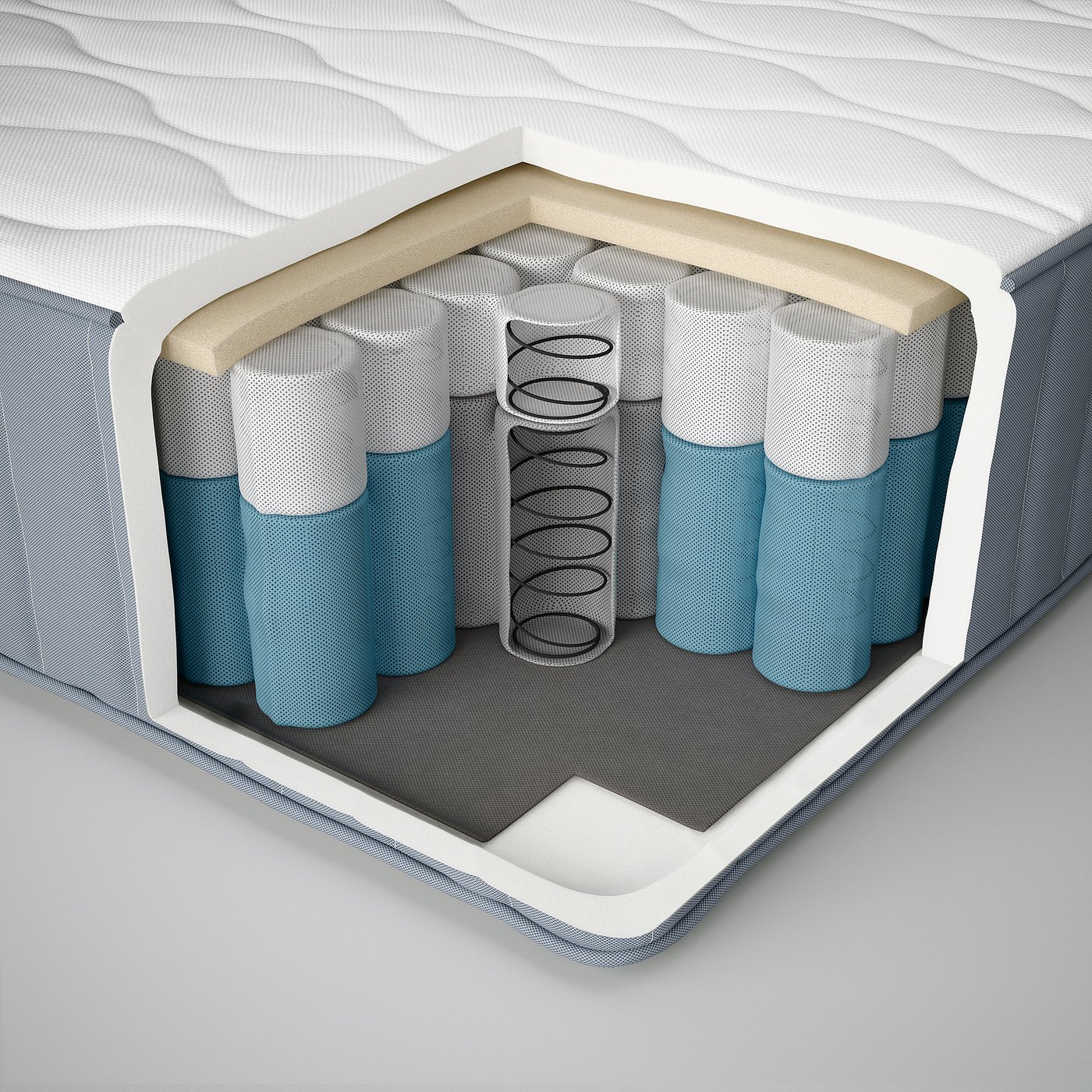 Cross-section of a mattress showing layers: top fiberboard, foam, springs, and bottom fiberboard with steel base.