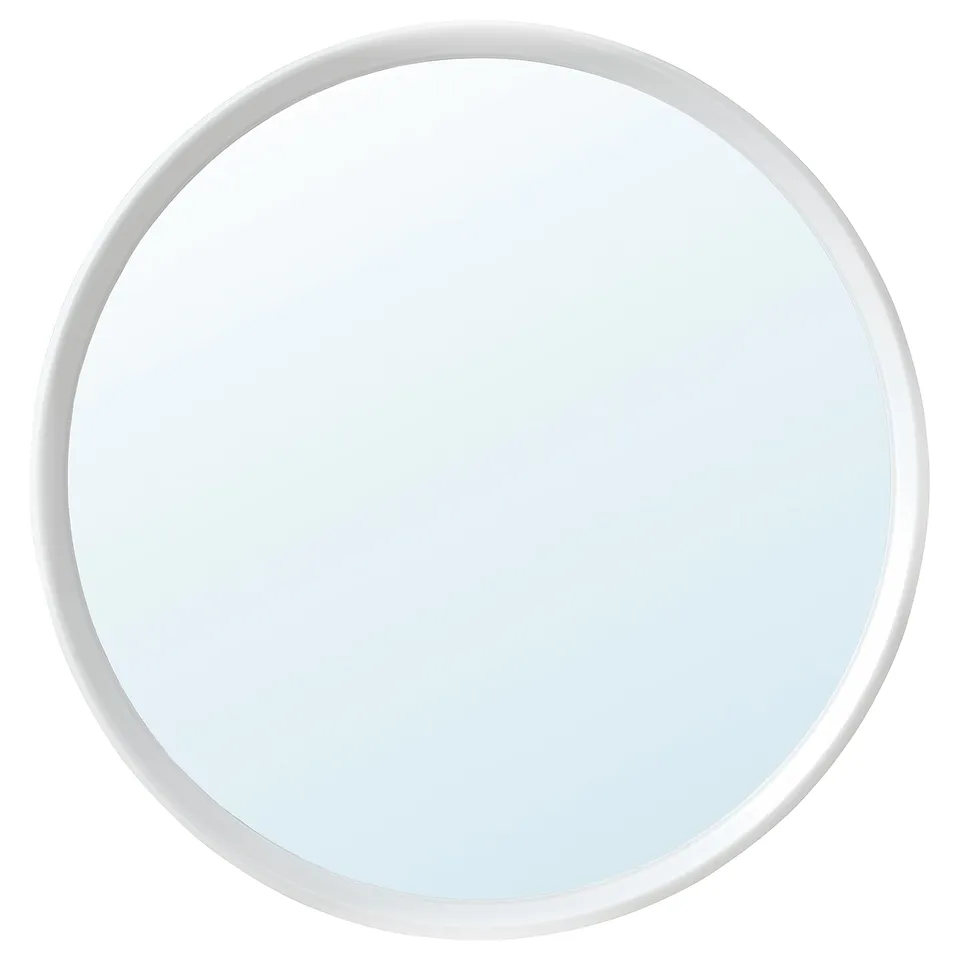 A HÄNGIG round mirror with a white frame and plastic build, designed for kids dressing areas.