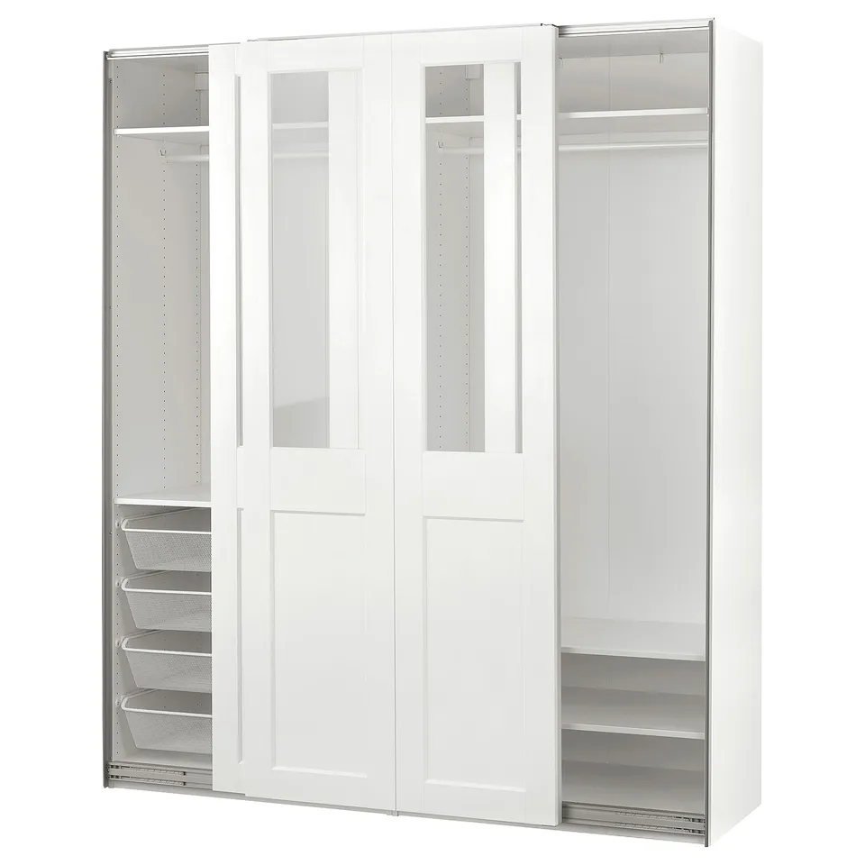White PAX wardrobe with glass doors, modern design, sliding panels, shelves, and mesh baskets.