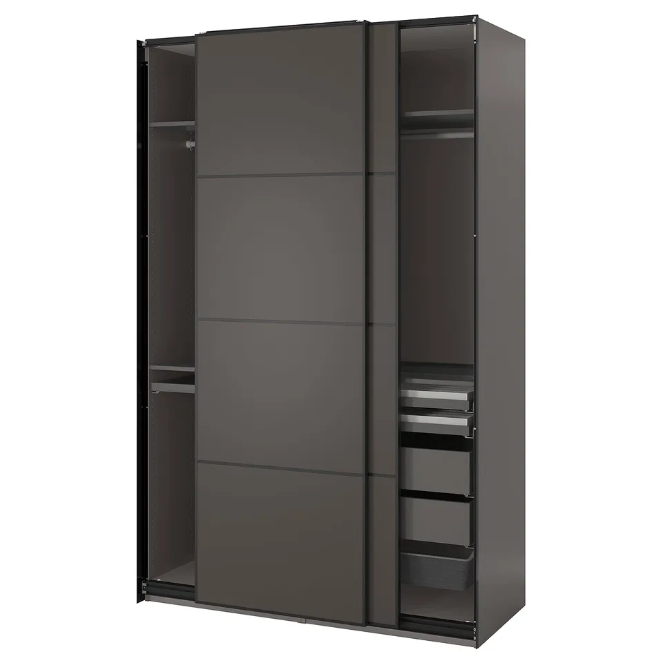 Modern black wardrobe with sliding glass doors, shelves, and drawers, blending sleek design and practical storage.