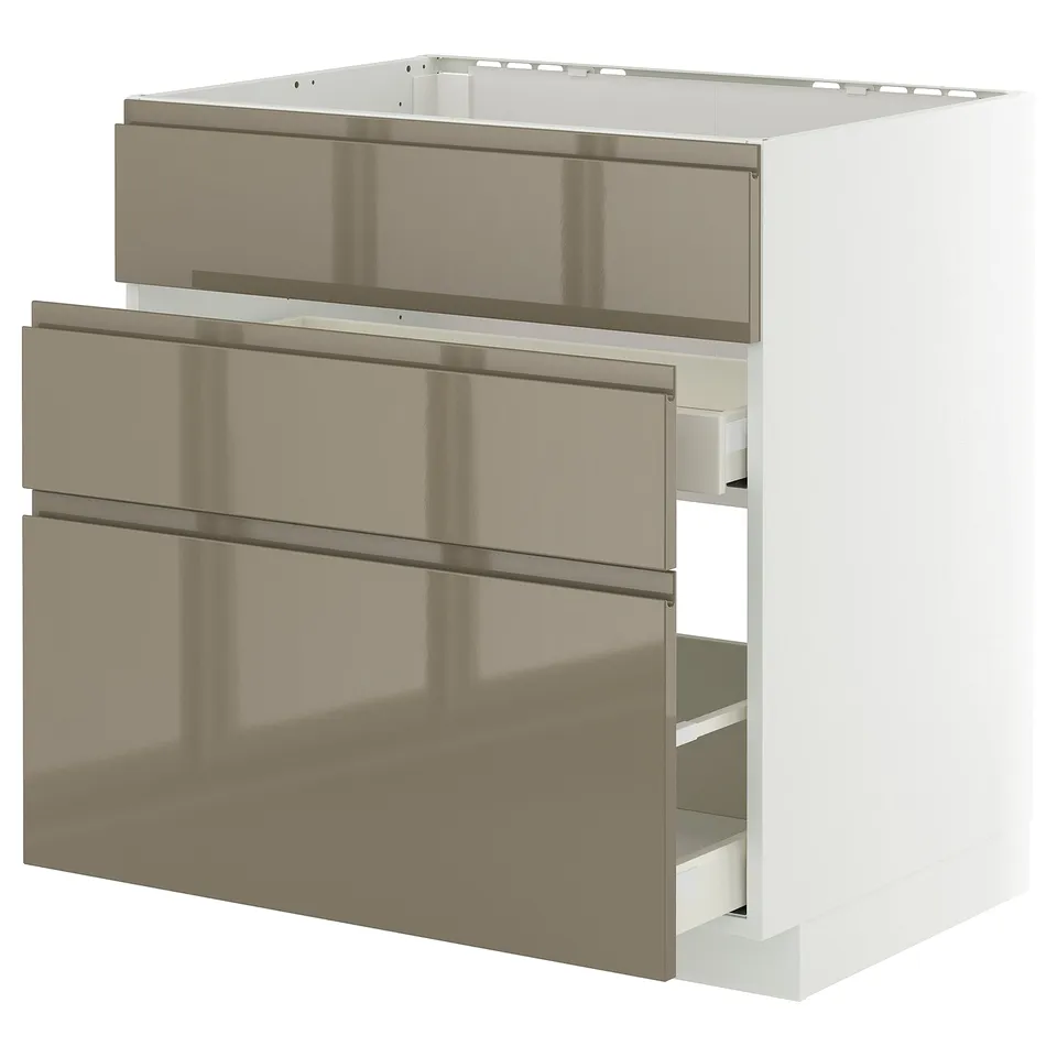 Modern kitchen cabinet with sleek, dark grey-brown fronts and integrated handles, featuring multiple drawers and a white frame.