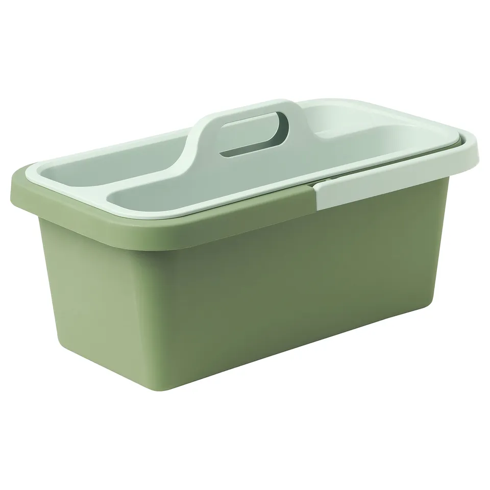 A green PEPPRIG cleaning bucket with a handle and textured bottom, designed for easy cleaning and storage of tools.