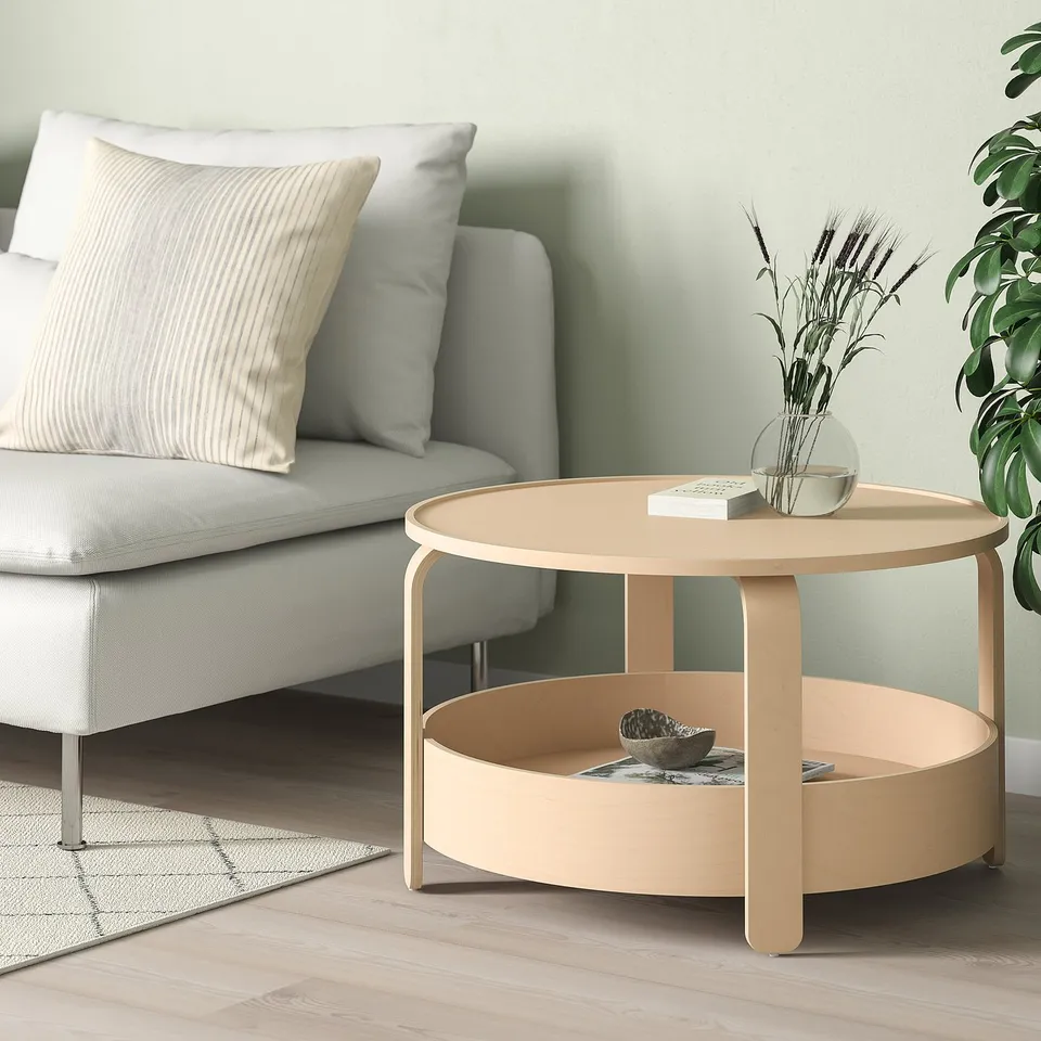 Birch coffee table with round design & storage