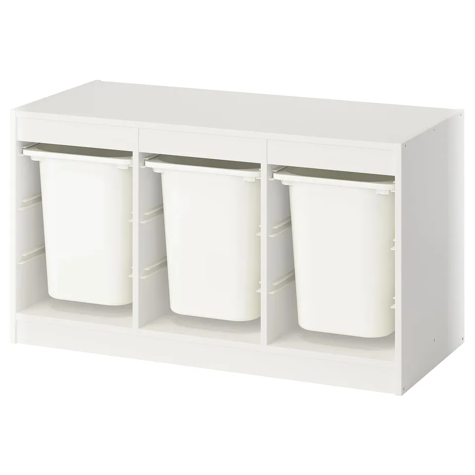 White TROFAST kids storage with 3 bins.
