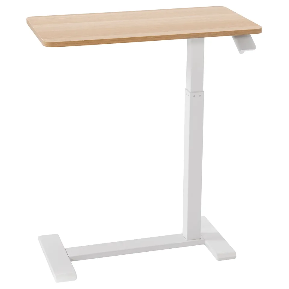 Modern adjustable desk, BOLLSIDAN, white legs, light wooden top, minimalist design, easy-move castors, height adjustable.