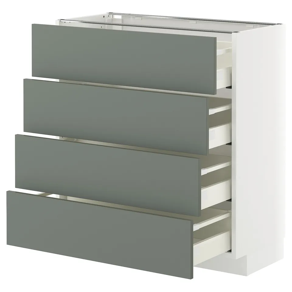METOD kitchen cabinet in grey-green with four open drawers, modern design.