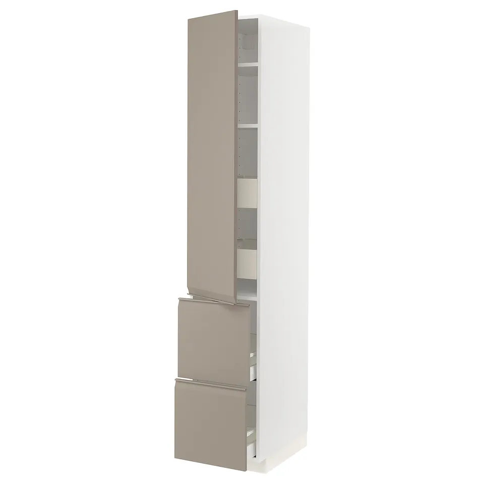 A tall kitchen cabinet from the METOD system, featuring upplöv fronts in matte grey-beige with a sleek, modern design and integrated handles.