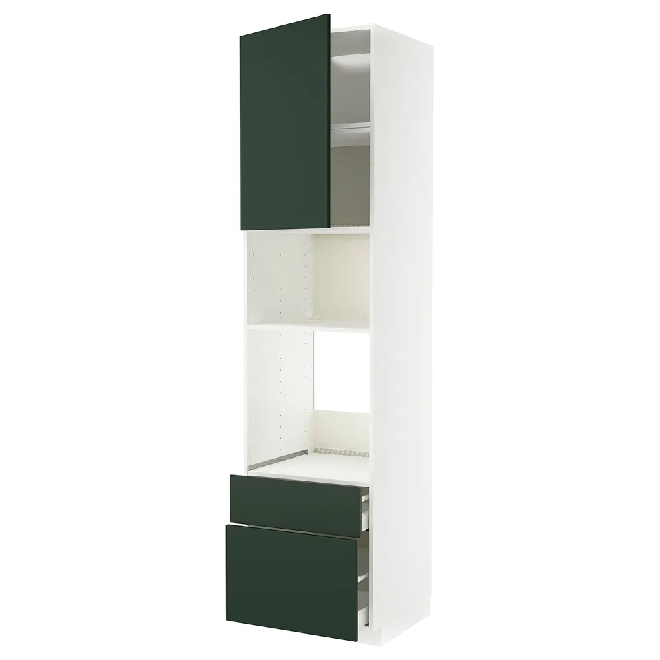 A white METOD kitchen unit with green havstorp fronts, including cabinet and drawers.