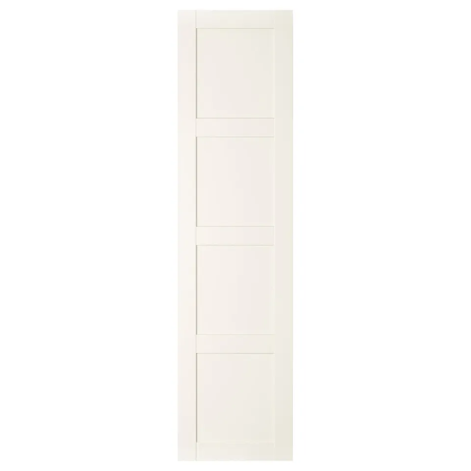 White BERGSBO cabinet door with modern square design, classic four-panel look.