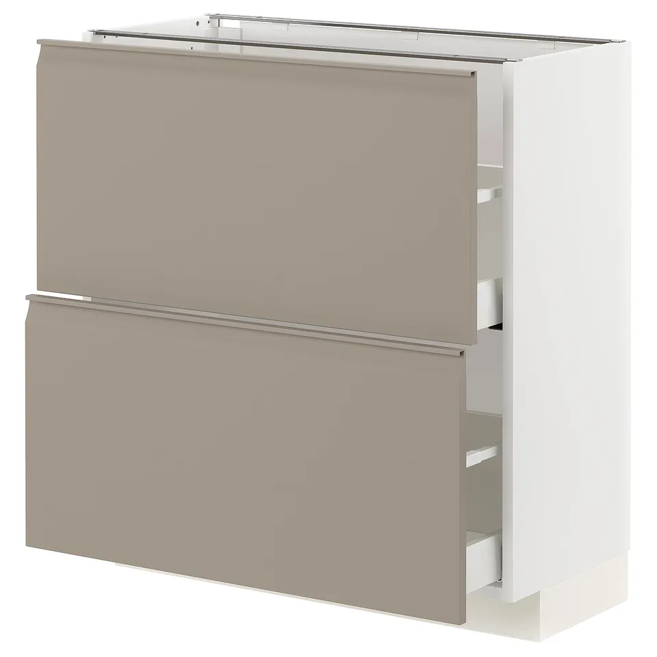 METOD kitchen unit in grey-beige with smooth fronts and integrated handles, featuring two drawers and a cabinet.