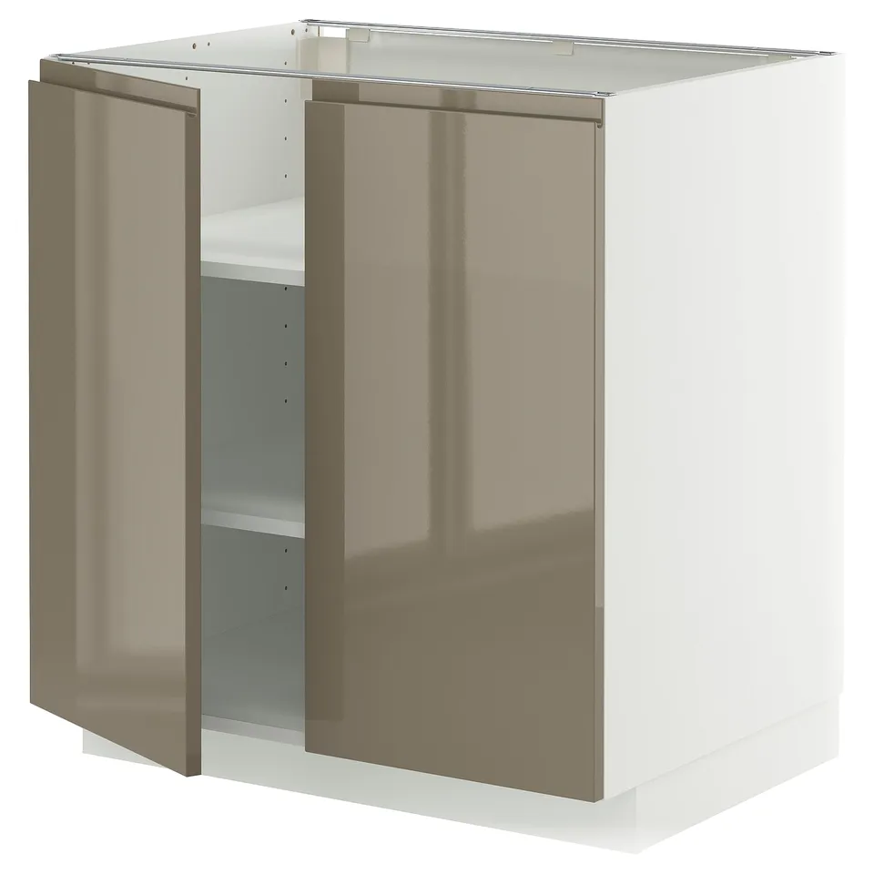 Modern METOD cabinet, high gloss dark grey-brown with sleek handles.