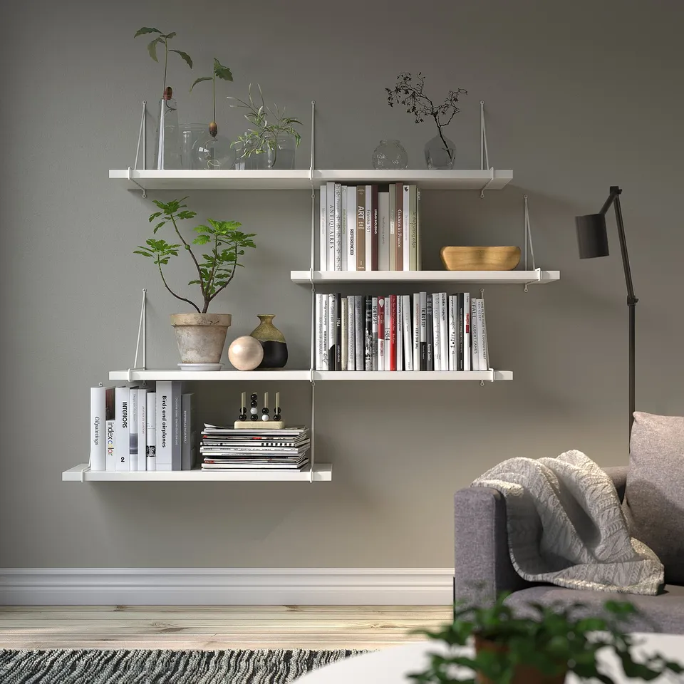 BERGSHULT white shelf with books and plants in modern living room