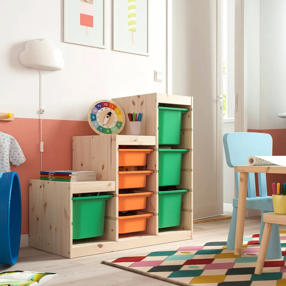 TROFAST storage units, colourful, light wood, bins green, orange, bright, childs room.