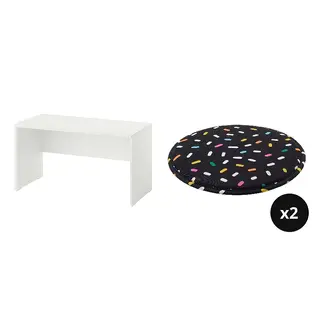 LASTARE/PUGGEHATT set: bench + seat pad x2, white + dot pattern/round, 90x42x48 cm