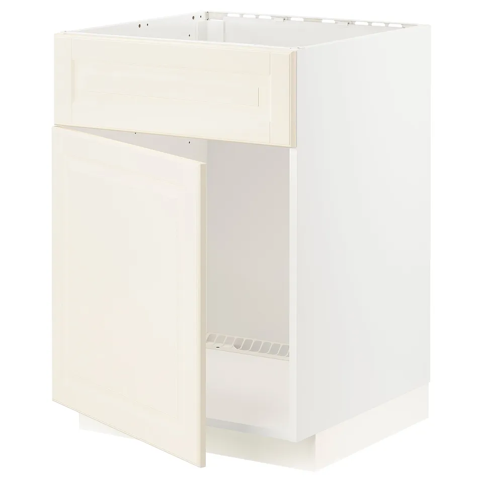 A white METOD kitchen cabinet with a bevelled edge, featuring a frame construction and snap-on hinges.