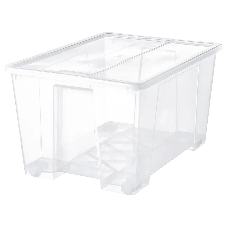 Clear plastic storage box with wheels, transparent body, lid with click lock, square shape, ideal for heavy items.