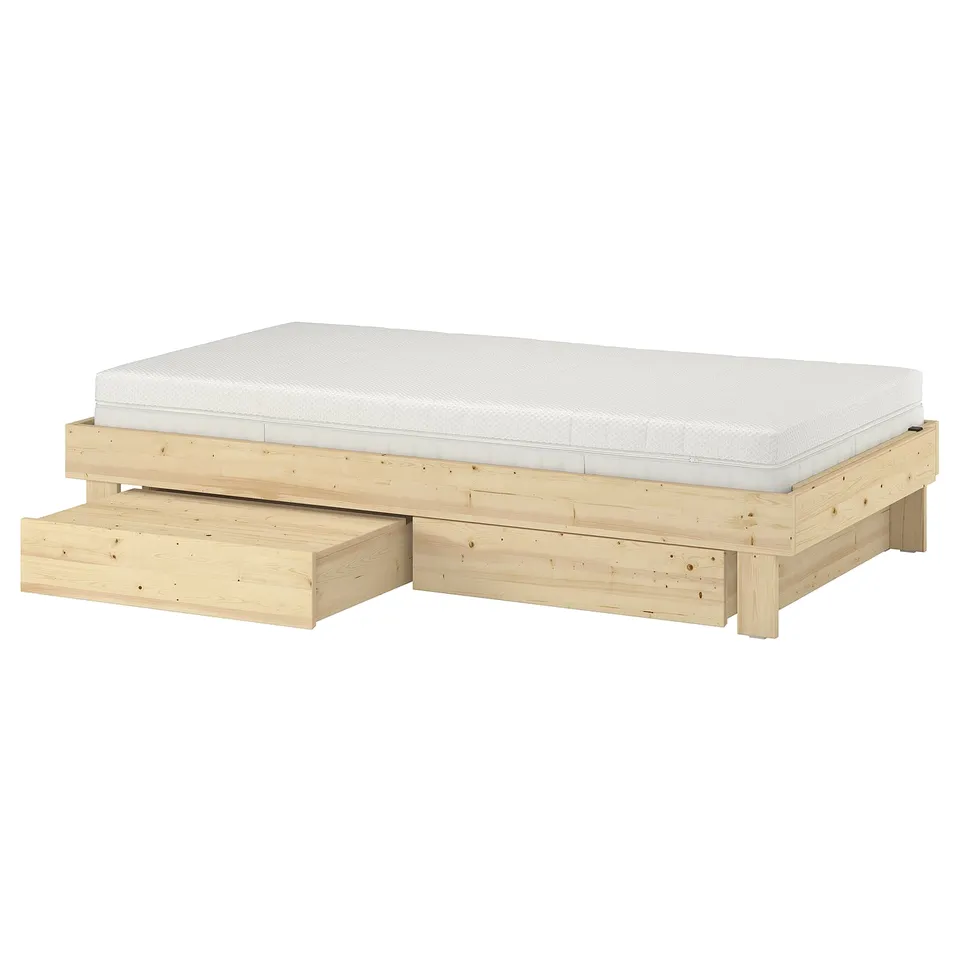 GLAMBERGET bed: lightwood, rectangular, minimalist, with drawers.